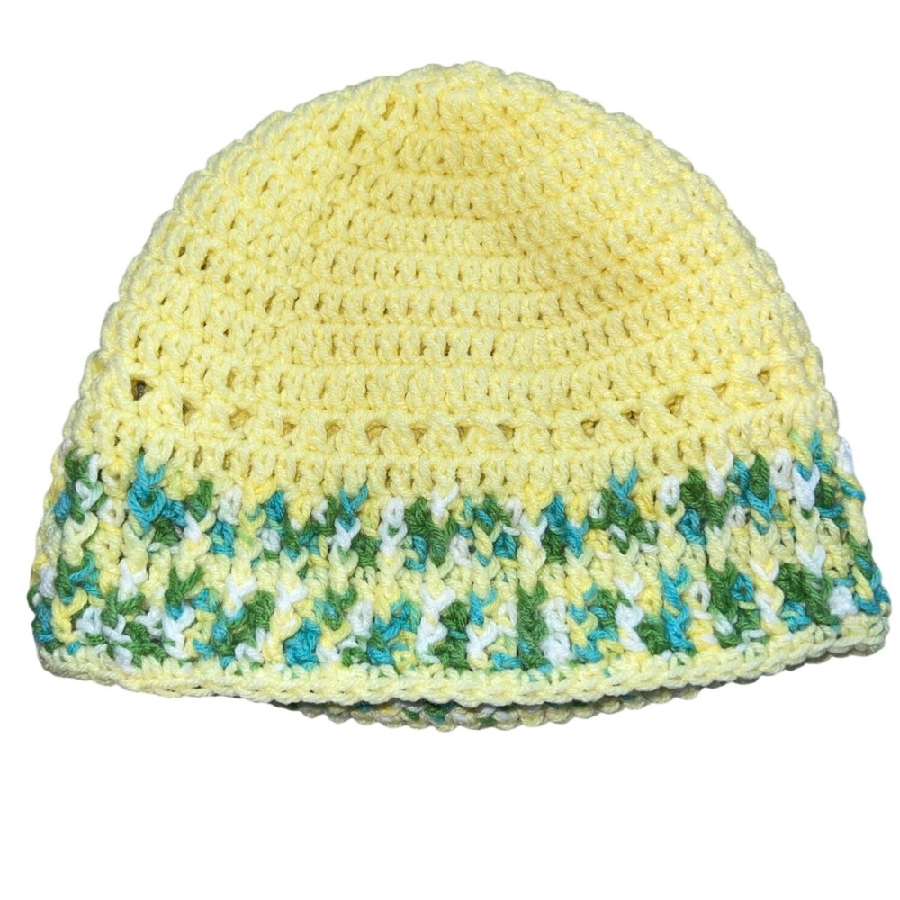 Handmade Crochet Beanie Hat Yellow Green Blue White Knit Boho Artisan Accessory